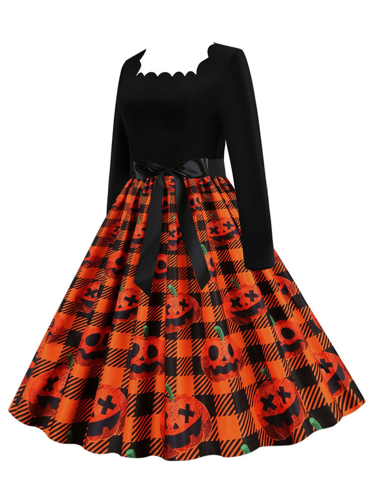 1950er Halloween Kürbis Patchwork Lange Ärmel Kleid