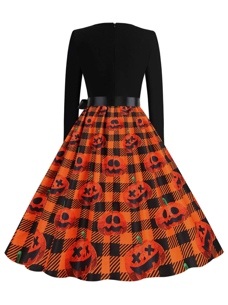 1950er Halloween Kürbis Patchwork Lange Ärmel Kleid