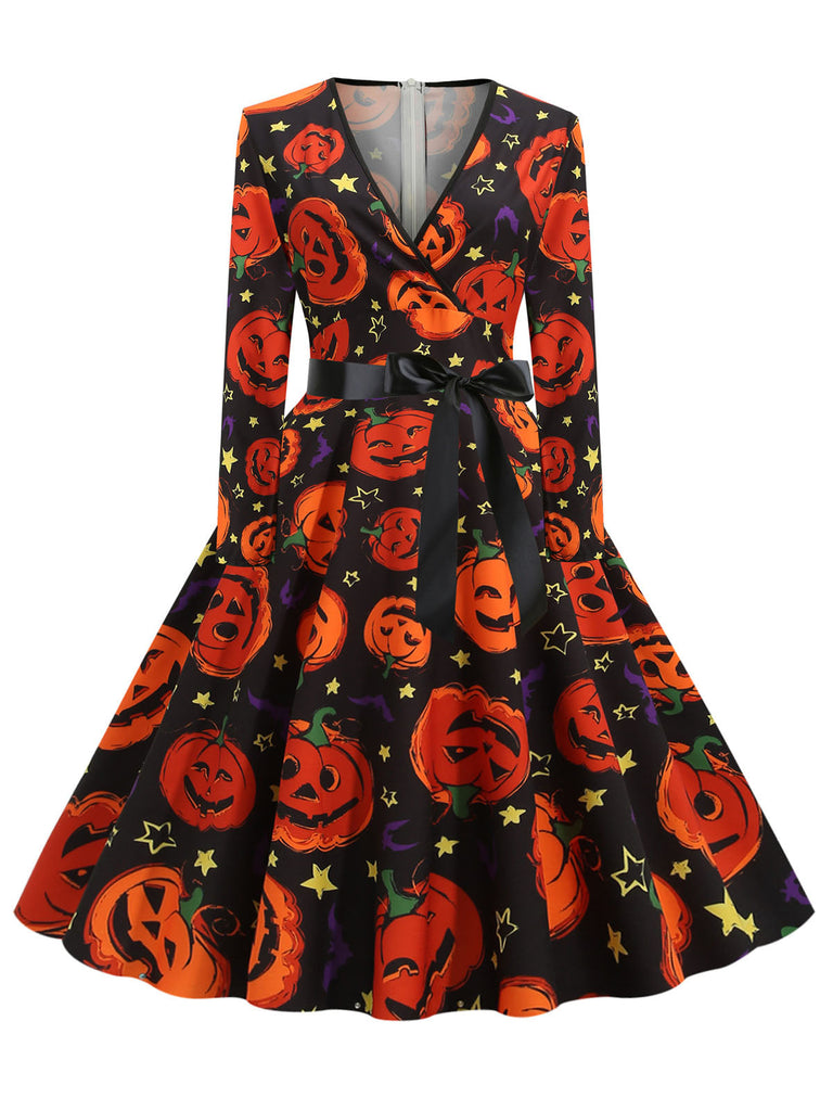 1950er V-Ausschnitt Halloween Kürbis Schädel Kleid