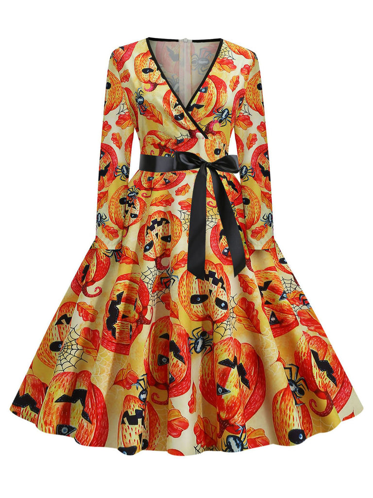 1950er V-Ausschnitt Halloween Kürbis Schädel Kleid