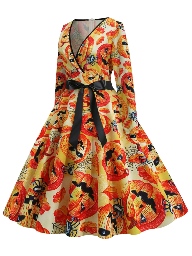 1950er V-Ausschnitt Halloween Kürbis Schädel Kleid