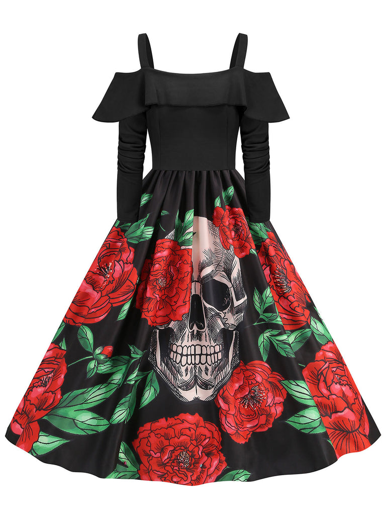 Schwarz 1950er Skelett Schulterfrei Halloween Schädel Roses Kleid