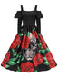 Schwarz 1950er Schulterfrei Halloween Schädel Roses Kleid