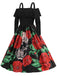 Schwarz 1950er Skelett Schulterfrei Halloween Schädel Roses Kleid