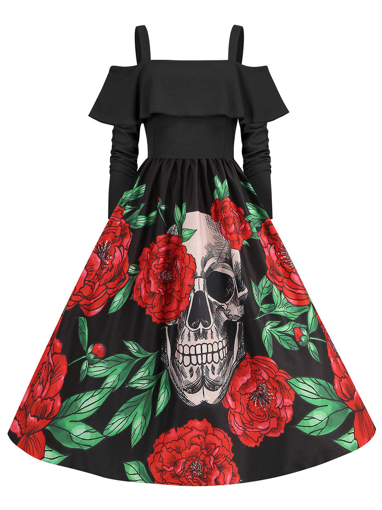 Schwarz 1950er Skelett Schulterfrei Halloween Schädel Roses Kleid