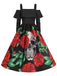 Schwarz 1950er Schulterfrei Halloween Schädel Roses Kleid