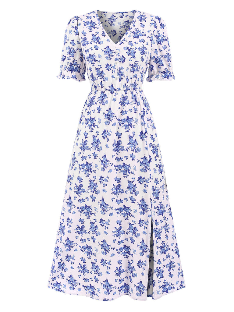 1940er V-Ausschnitt Rüschen Boho Blumen Midikleid