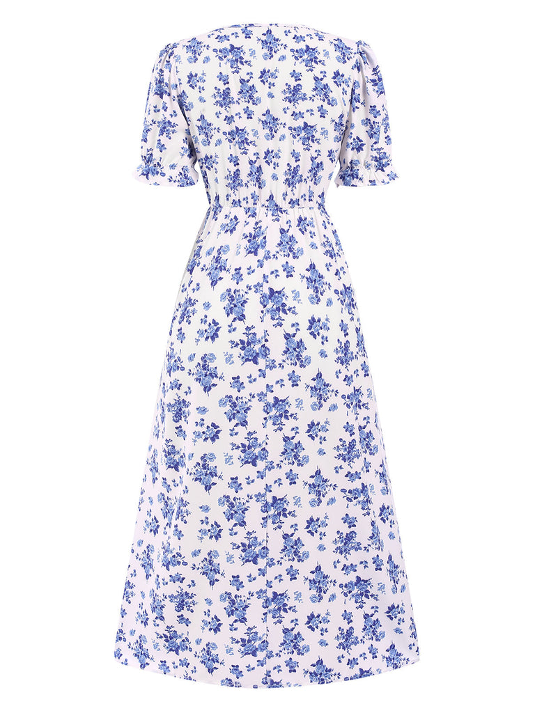 1940er V-Ausschnitt Rüschen Boho Blumen Midikleid