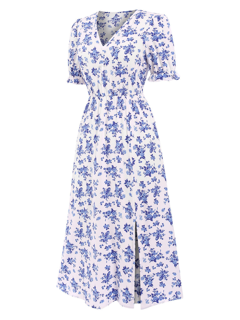 1940er V-Ausschnitt Rüschen Boho Blumen Midikleid