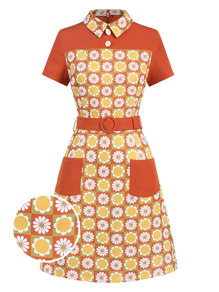 [Vorverkauf] Multicolor 1960er Gänseblümchen Revers Gürtel Kleid