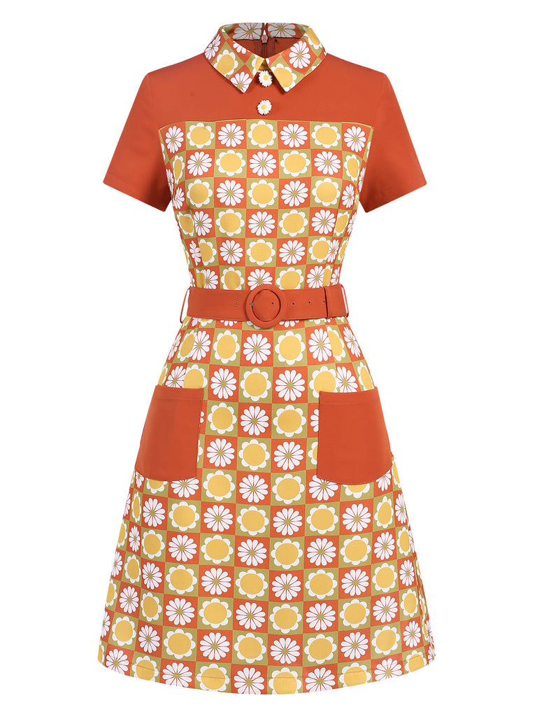 [Vorverkauf] Multicolor 1960er Gänseblümchen Revers Gürtel Kleid