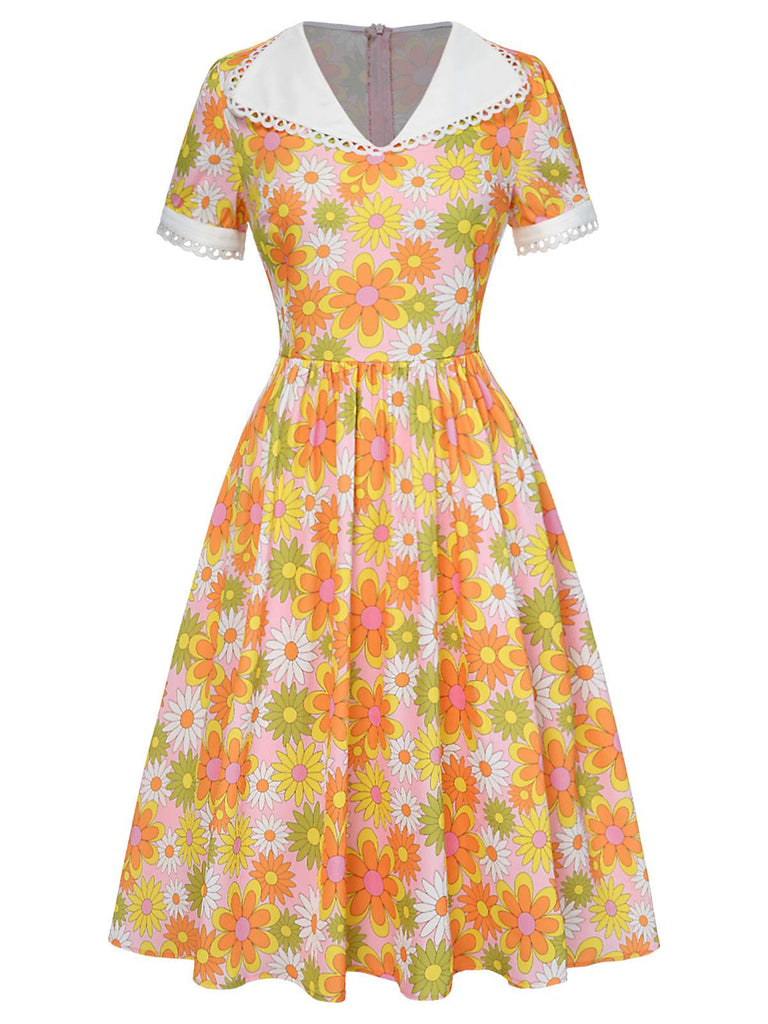 [Vorverkauf] Multicolor 1950er Cartoon Blume Revers Kleid