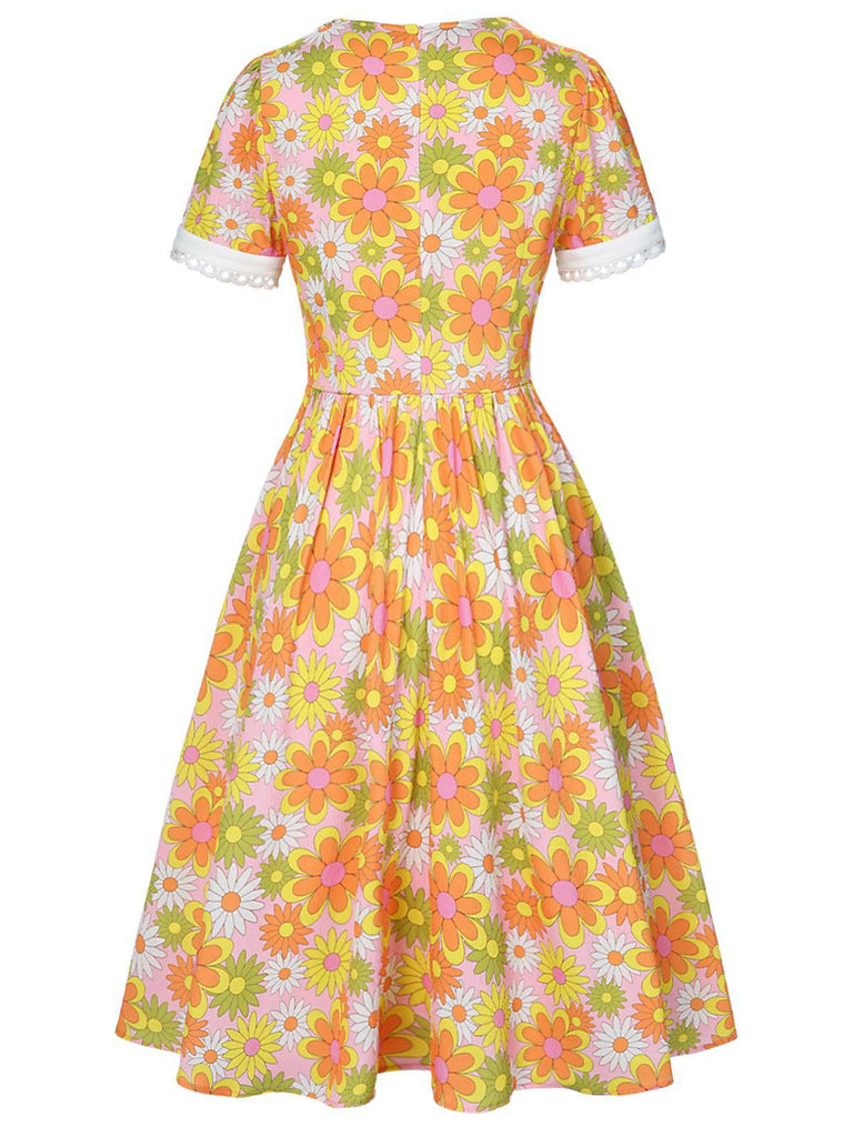 [Vorverkauf] Multicolor 1950er Cartoon Blume Revers Kleid