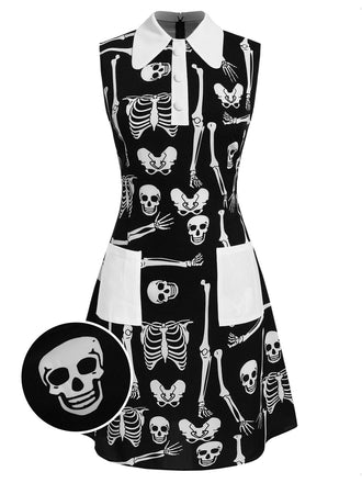 Gothic Schwarz 1960er Halloween Skelett Revers Mod Kleid