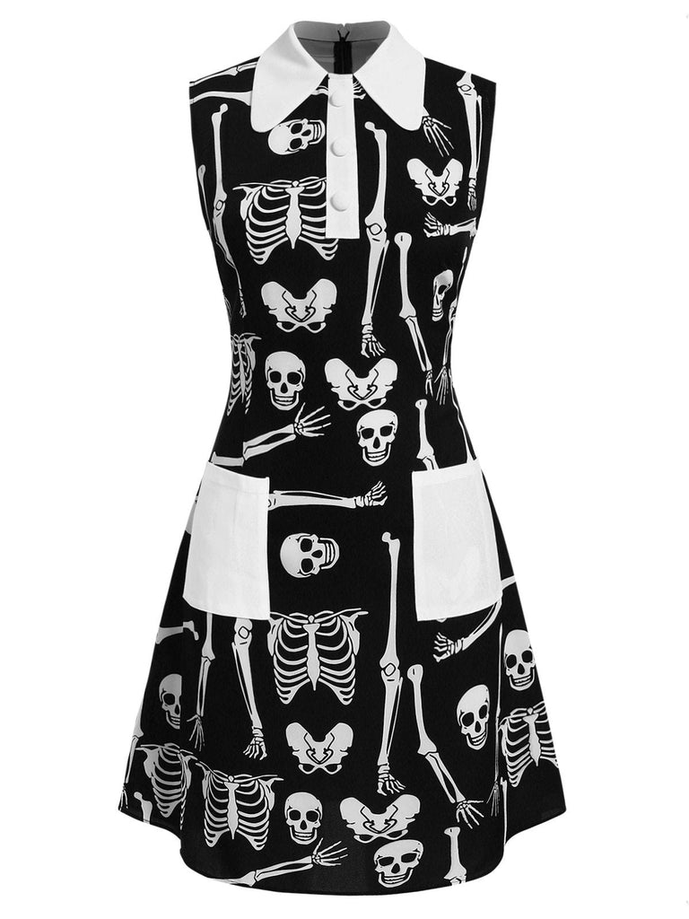 Schwarz 1960er Halloween Skelett Revers Mod Kleid