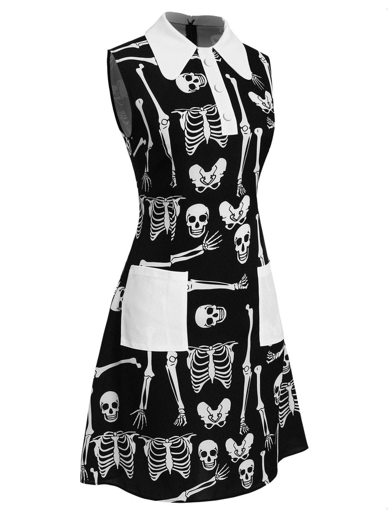 [Vorverkauf] Schwarz 1960er Halloween Skelett Revers Mod Kleid