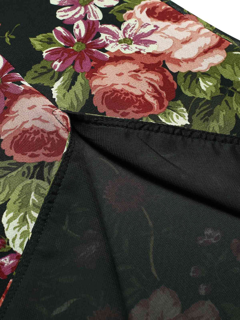 Schwarz 1930er Quadratischer Hals Rüschen Blumen Kleid