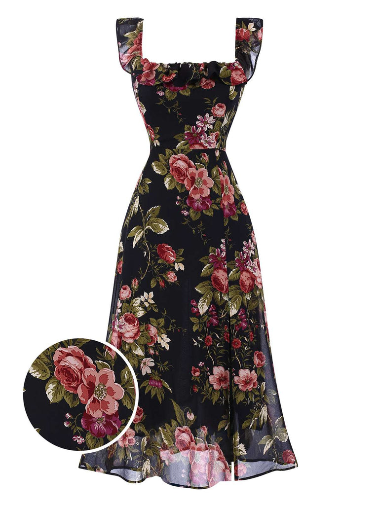 Schwarz 1930er Quadratischer Hals Rüschen Blumen Kleid