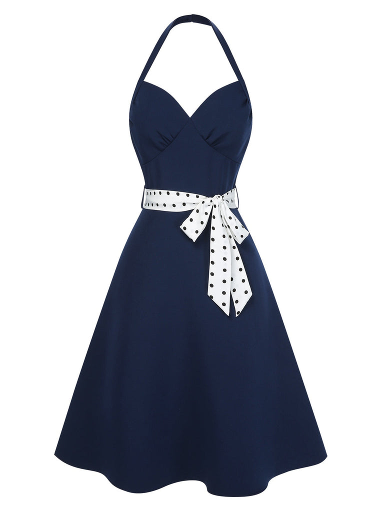 [Vorverkauf] Dunkelblau 1950er Solide Halter Dots Gürtel Kleid