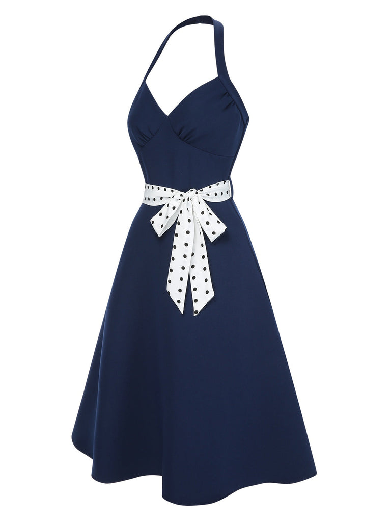 [Vorverkauf] Dunkelblau 1950er Solide Halter Dots Gürtel Kleid