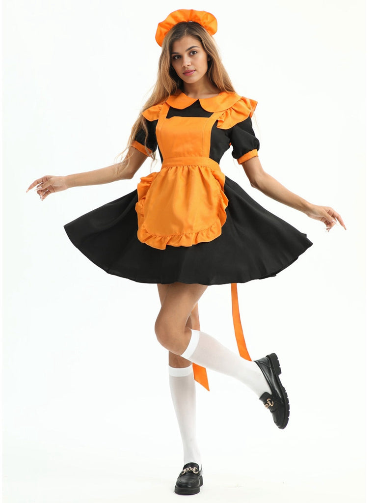 Orange 1950er Halloween Kontrast Kleid mit Schürze