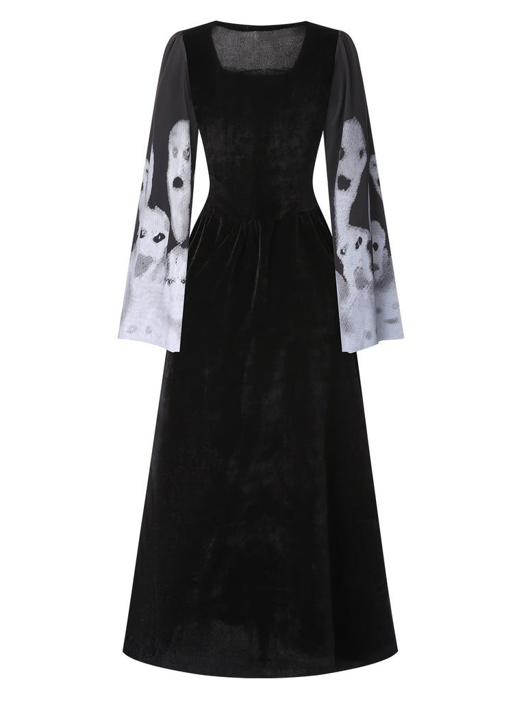 Schwarz 1940er Halloween Geist Schnürung Kleid mit Schal