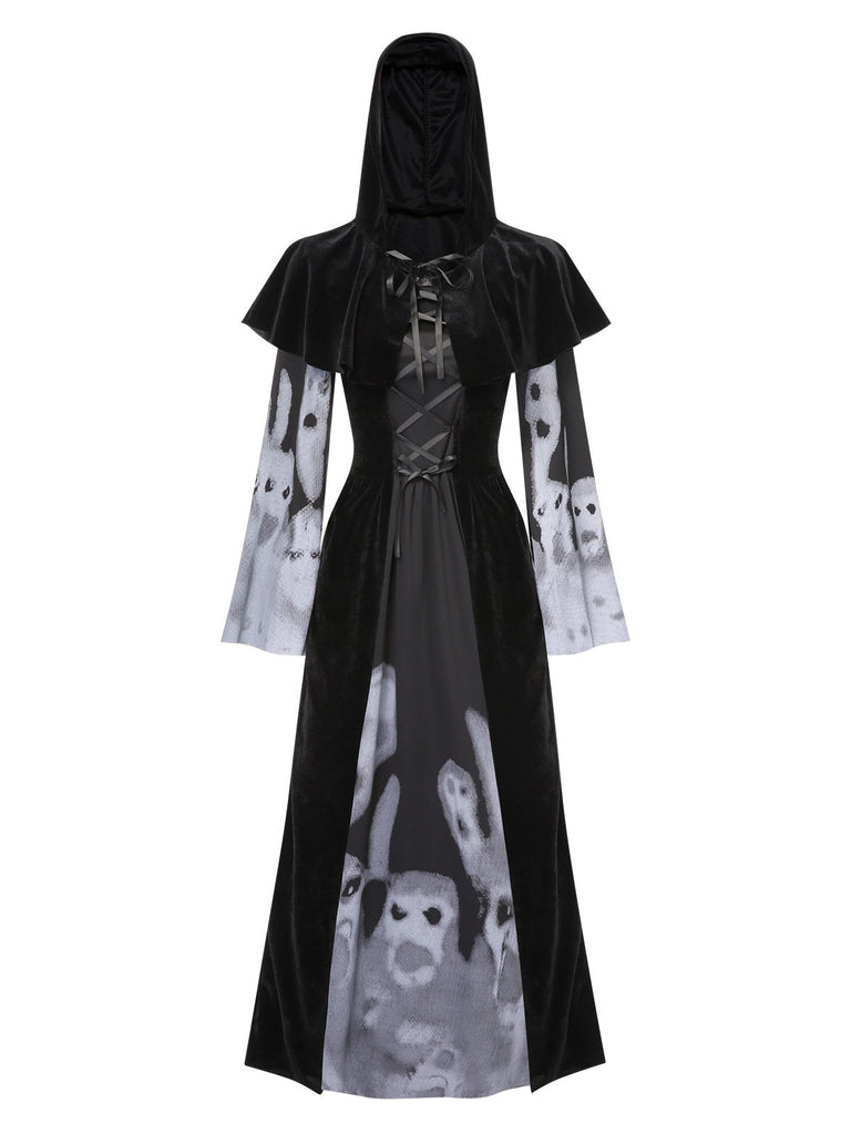 Schwarz 1940er Halloween Geist Schnürung Kleid mit Schal