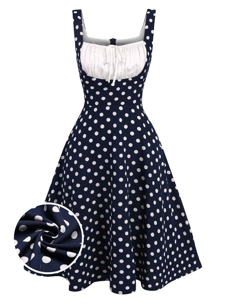 [Vorverkauf] Dunkelblau 1950er Polka Dots Plisseekleid