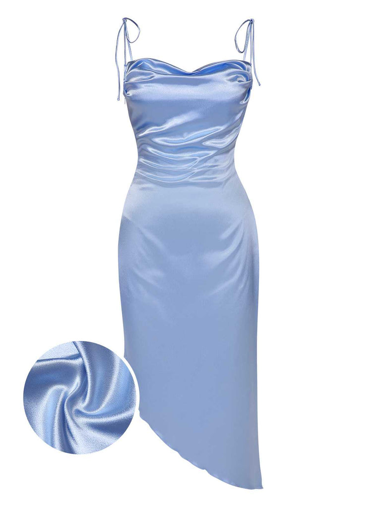 Blau 1960er Träger Unregelmäßiger Saum Satin Kleid