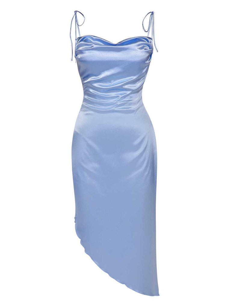 Blau 1960er Träger Unregelmäßiger Saum Satin Kleid