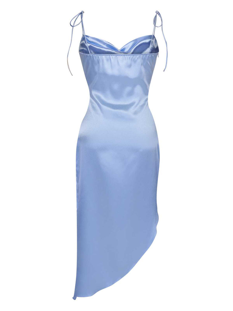 Blau 1960er Träger Unregelmäßiger Saum Satin Kleid