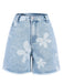 Blau 1950er Blume Ungesäumtem Saum Jeansshorts