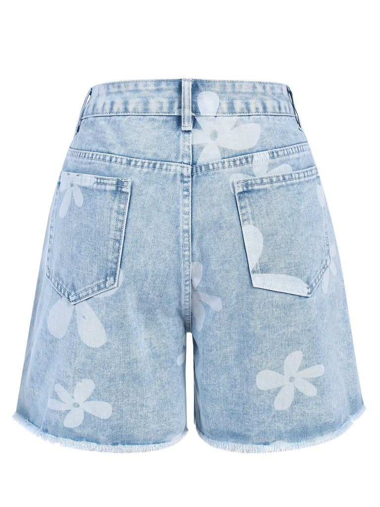 Blau 1950er Blume Ungesäumtem Saum Jeansshorts