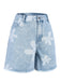 Blau 1950er Blume Ungesäumtem Saum Jeansshorts