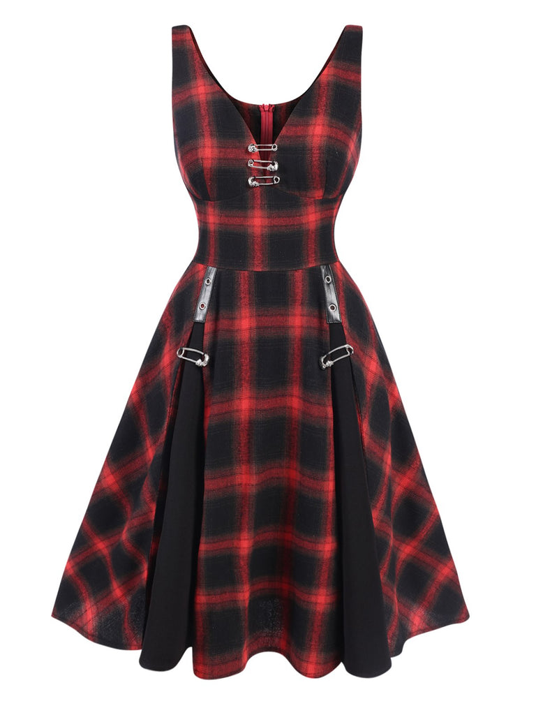 [Vorverkauf] Rot 1970er Steampunk Gingham Plaid Stift Kleid