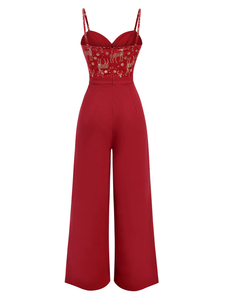 [Vorverkauf] Rot 1930er Weihnachten Elch Samt Jumpsuit