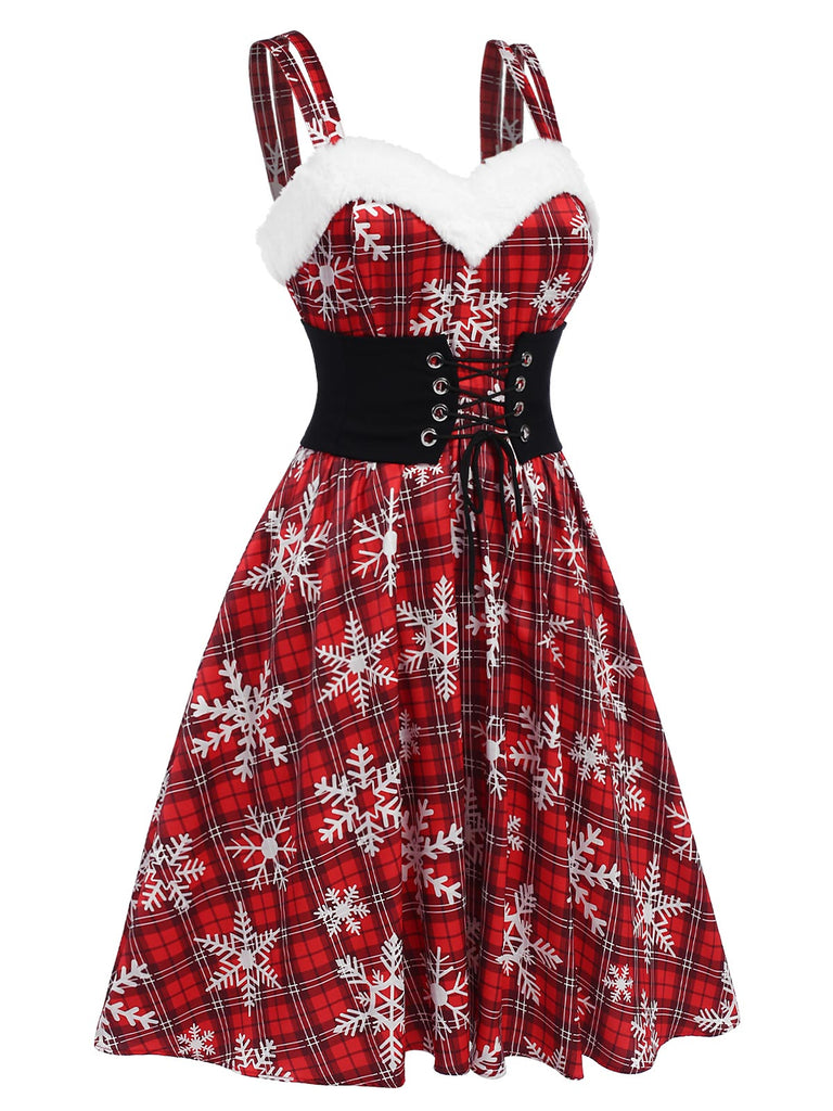 Rot 1950er Weihnachtskleid Schneeflocke Plaid Plüsch Trimmen Kleid