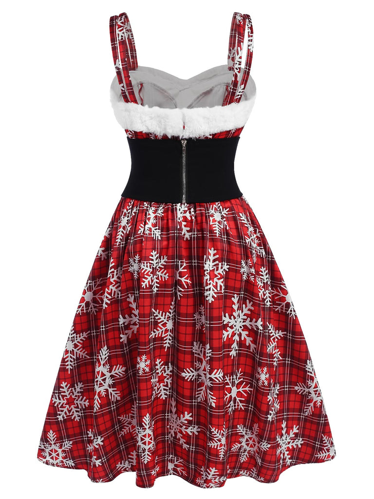 Rot 1950er Weihnachtskleid Schneeflocke Plaid Plüsch Trimmen Kleid