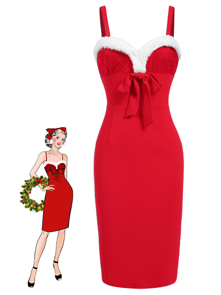 Rot 1960er Spaghetti Träger Weihnachten Plüschspitze Kleid