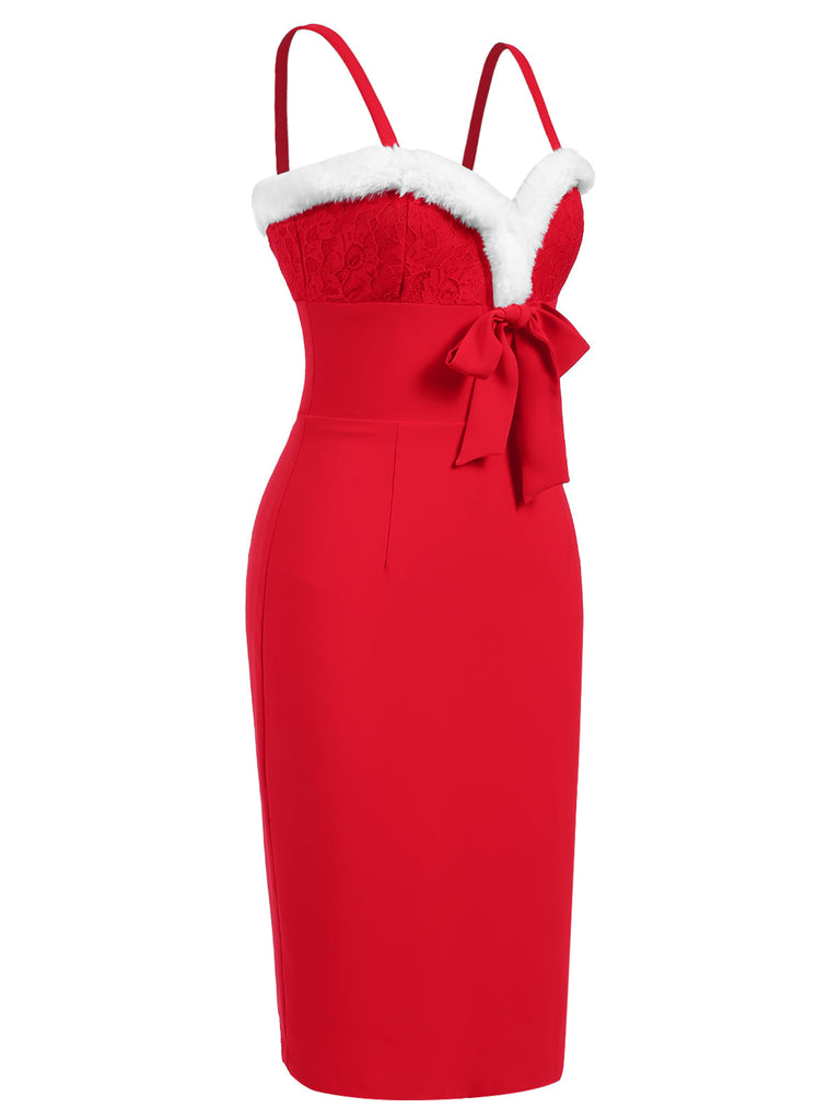 Rot 1960er Spaghetti Träger Weihnachten Plüschspitze Kleid