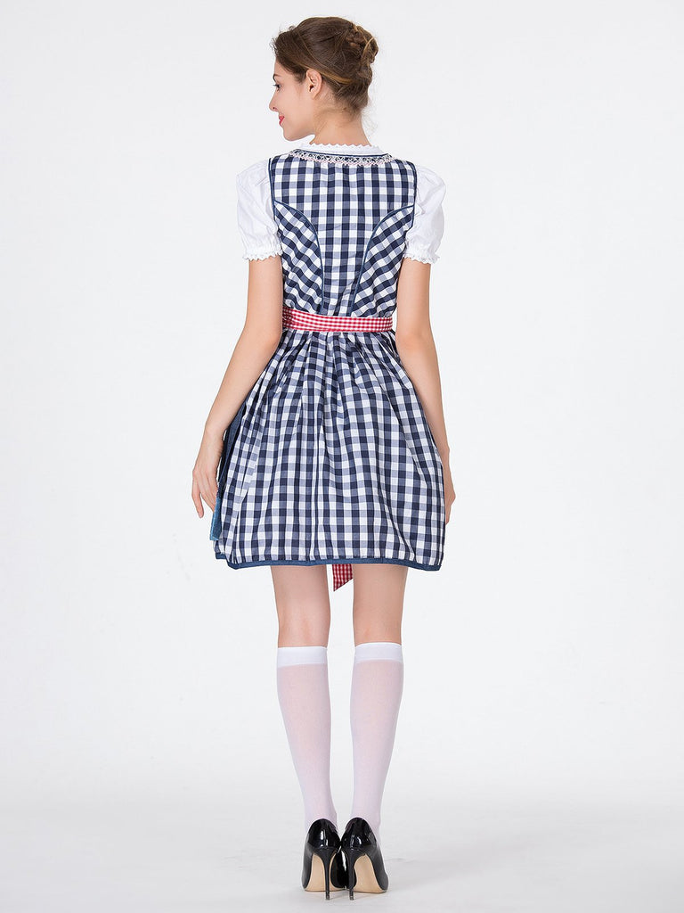 2PCS Blau 1950er Oktoberfest Puff Weiß Top & Gingham Kleid & Schürze