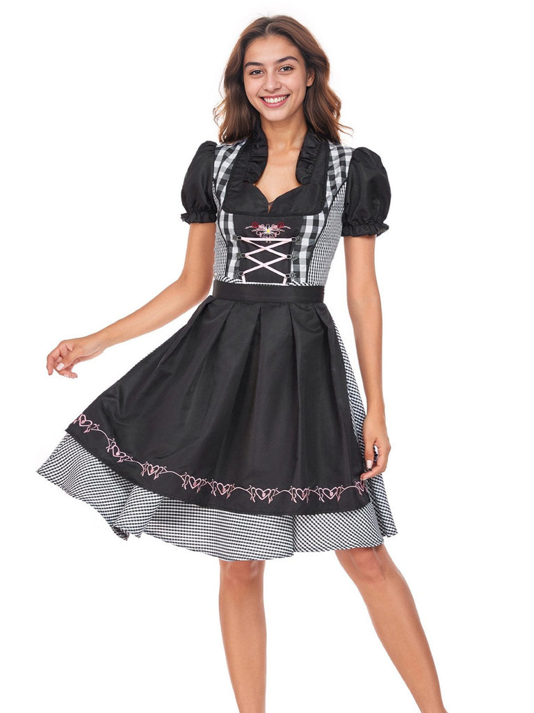 2PCS Schwarz 1950er Oktoberfest Puffärmel Gingham Kleid mit Schürze