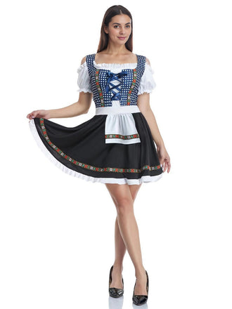 Blau 1950er Oktoberfest Schulterfrei Gingham Besticktes Kleid
