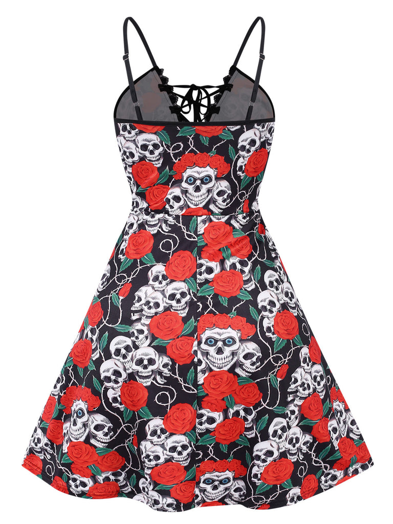 [Übergröße] Rot 1940er Halloween Schädel Rose Kleid