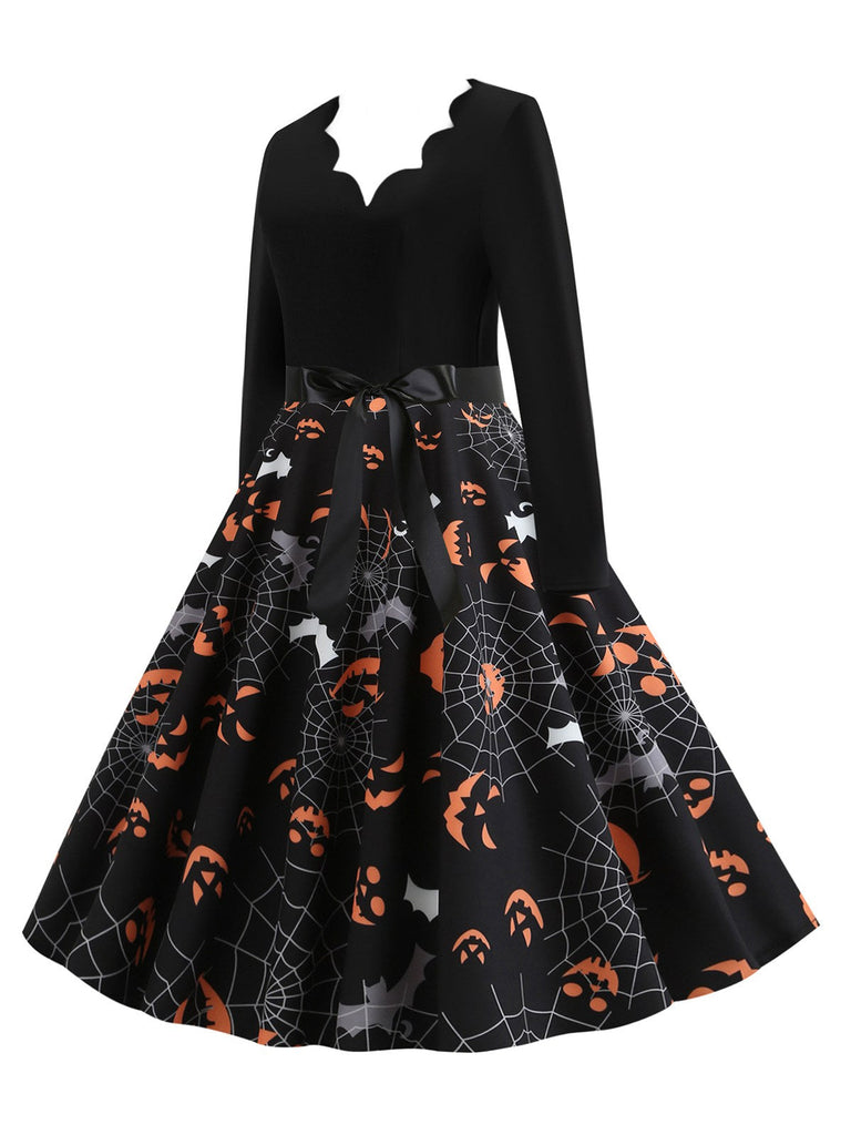 Schwarz 1950er Halloween Blütenblattkragen Kleid