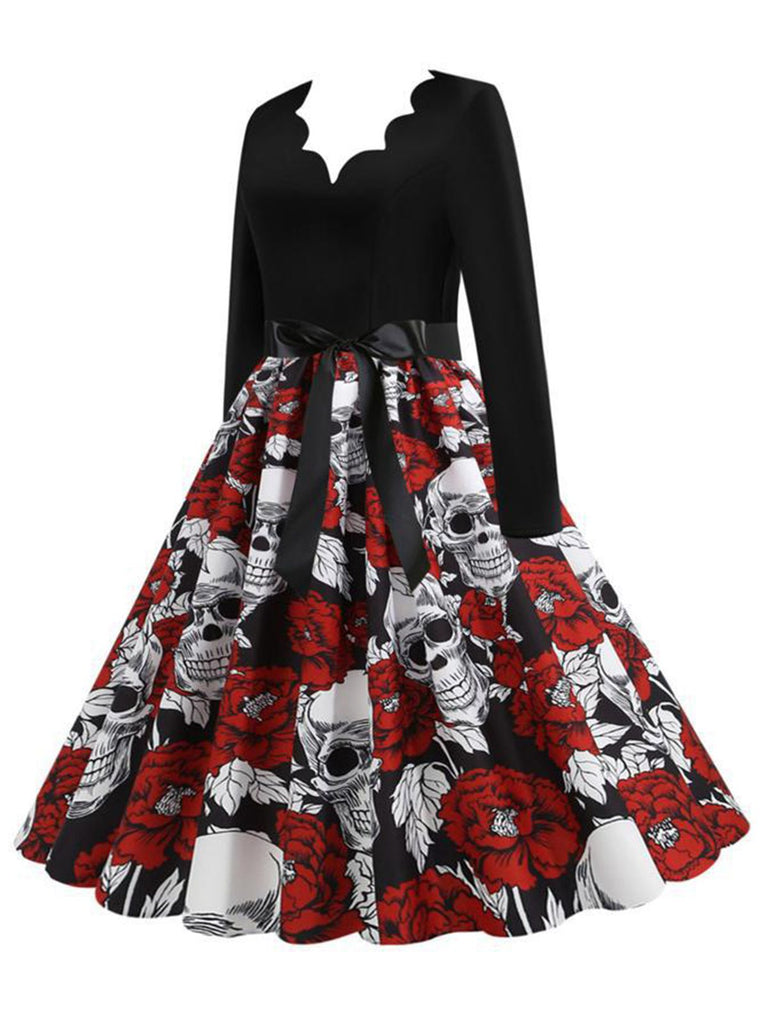 Schwarz 1950er Halloween Skelett  Roses Schädel Kleid