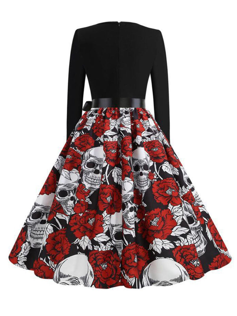 Schwarz 1950er Halloween Skelett  Roses Schädel Kleid