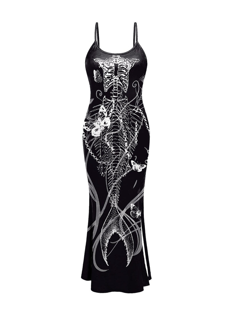 Schwarz 1930er Meerjungfrau Skeleton Spaghetti Träger Kleid