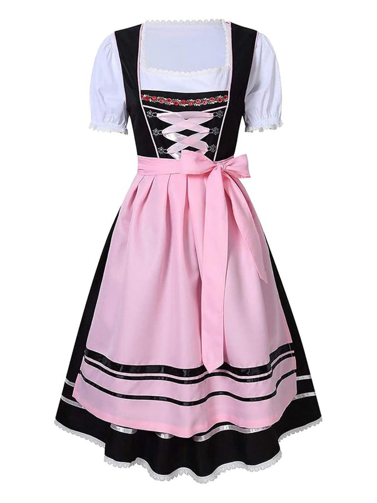 2PCS Rosa 1950er Oktoberfest Puffärmel Besticktes Kleid