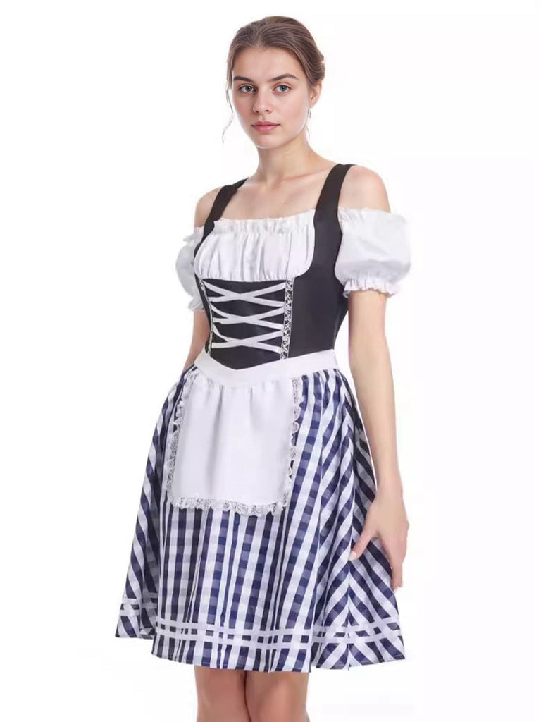 Blau 1950er Oktoberfest Schulterfrei Gingham Plaid Kleid